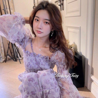 2023 Summer Lace Elegant Midi Dress Women Puff Sleeve Square Collar Boho Beach Floral Dress Female Party One Piece Dress Korean ALODIA STORE