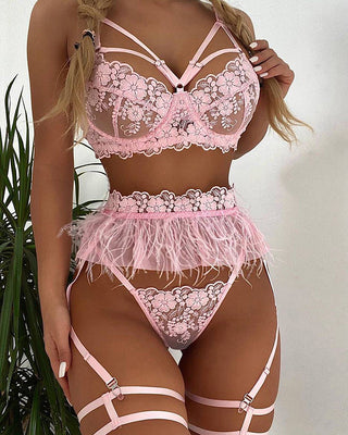 Ellolace Feather Sexy Lingerie Women&#39;s Underwear Set Woman 3 Pieces Women Sets Lingerie Sexy Push up Sensual Lingerie Woman