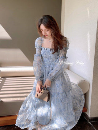 2023 Summer Lace Elegant Midi Dress Women Puff Sleeve Square Collar Boho Beach Floral Dress Female Party One Piece Dress Korean ALODIA STORE