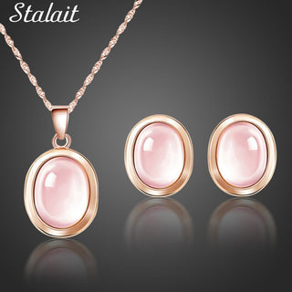 High Quality Natural Stones QUARTZ Clavicle Chain Necklace Pink Stone Earrings Wholesale necklace Jewelry Set For grandma Mum