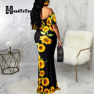 Sunflower Print Off Shoulder Maxi Dress Women Strapless Slash Neck Casual Long Dresses