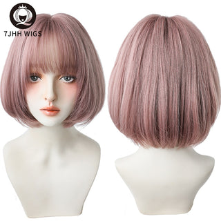 7JHH WIGS Short Bob Straight Ombre Blonde Wigs With Bang For Girl Black Female Synthetic Shoulder Length Crochet Hair Ginger Wig