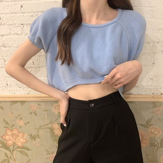 New korean version short sleeve knitted sweater thin shirt white croptop