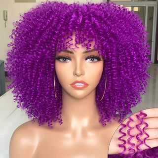 Short Afro Kinky Curly Wig With Bangs For Black Women Cosplay Lolita Natural Hair Ombre Mixed Brown Synthetic African Wigs