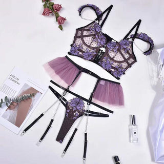 MIRABELLE Fine Lingerie for Women Sexy Porn Underwear Bra and Panty Set Lace Thongs Ruffle Fancy Embroidery With Chain Garter