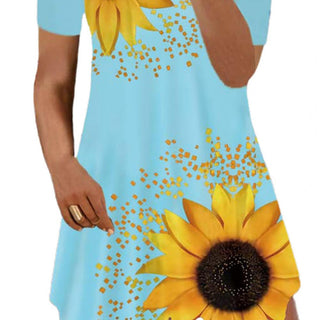 Sunflower Flower Print Women Dress Summer Loose Short Sleeve Mini Dress Short Dress A-Line