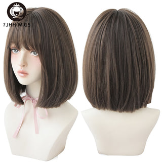 7JHH WIGS Short Bob Straight Ombre Blonde Wigs With Bang For Girl Black Female Synthetic Shoulder Length Crochet Hair Ginger Wig