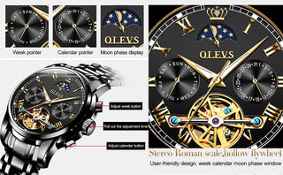 Rellotge OLEVS per a home Rellotge mecànic automàtic Stianless Top Brand Fase lunar de luxe Rellotge de polsera Tourbillon Esquelet Reloj hombres