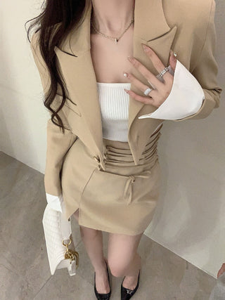 2 Piece Dress Set Women Casual Y2k Crop Tops Elegant Jacket Coats + Mini Skirts Korean Fahion