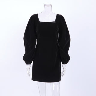 Mnealways18 Vestit de vellut per a dona de màniga abombada de nit Vestit ajustat atractiu negre d'hivern Mini vestits de festa de coll quadrat elegant 2023