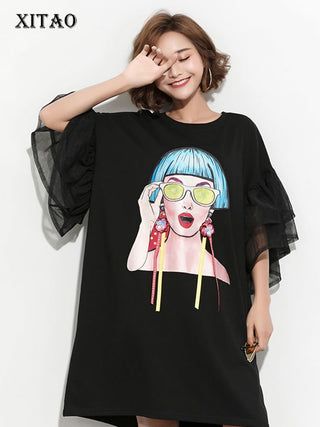 XITAO Splice Ribbon Cartoon Pattern Dress Women Puff Mesh Sleeve  Casual Party Black Dress Korean Style Summer DLL2106