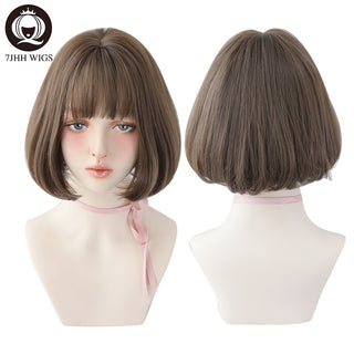 7JHH WIGS Short Bob Straight Ombre Blonde Wigs With Bang For Girl Black Female Synthetic Shoulder Length Crochet Hair Ginger Wig