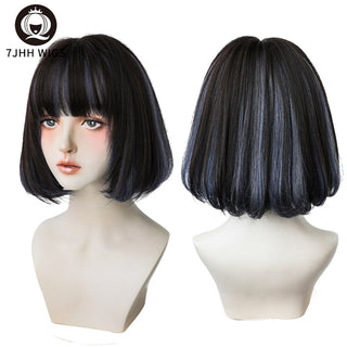 7JHH WIGS Short Bob Straight Ombre Blonde Wigs With Bang For Girl Black Female Synthetic Shoulder Length Crochet Hair Ginger Wig