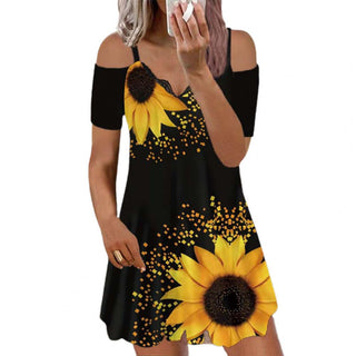 Sunflower Flower Print Women Dress Summer Loose Short Sleeve Mini Dress Short Dress A-Line