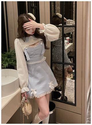 Vestit dolç de Lolita japonès d'encaix per a dona Mini vestits de festa Kawaii rosa amb llaç per a dona de princesa blava Vestit de moda coreana d'hivern 2022