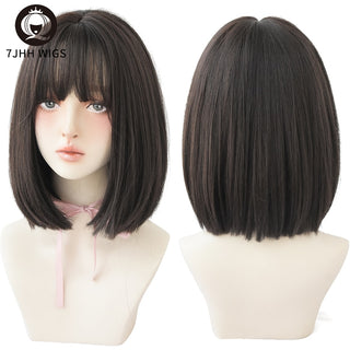 7JHH WIGS Short Bob Straight Ombre Blonde Wigs With Bang For Girl Black Female Synthetic Shoulder Length Crochet Hair Ginger Wig