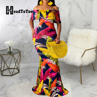 Sunflower Print Off Shoulder Maxi Dress Women Strapless Slash Neck Casual Long Dresses