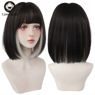 7JHH WIGS Short Bob Straight Ombre Blonde Wigs With Bang For Girl Black Female Synthetic Shoulder Length Crochet Hair Ginger Wig