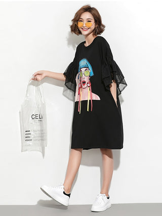 XITAO Splice Ribbon Cartoon Pattern Dress Women Puff Mesh Sleeve  Casual Party Black Dress Korean Style Summer DLL2106