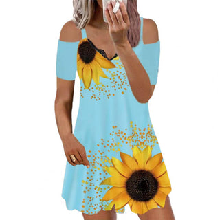 Sunflower Flower Print Women Dress Summer Loose Short Sleeve Mini Dress Short Dress A-Line