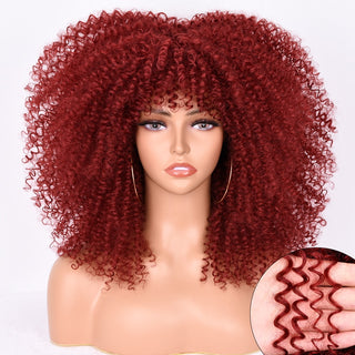 Perruca de cabell curt afro arrissat de 16 polzades amb serrell per a dones negres Cosplay Lolita sintètic natural sense cola perruques rosses mixtes marrons