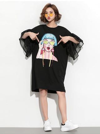 XITAO Splice Ribbon Cartoon Pattern Dress Women Puff Mesh Sleeve  Casual Party Black Dress Korean Style Summer DLL2106