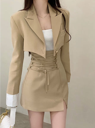 2 Piece Dress Set Women Casual Y2k Crop Tops Elegant Jacket Coats + Mini Skirts Korean Fahion