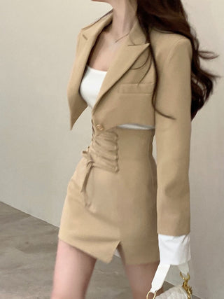 2 Piece Dress Set Women Casual Y2k Crop Tops Elegant Jacket Coats + Mini Skirts Korean Fahion