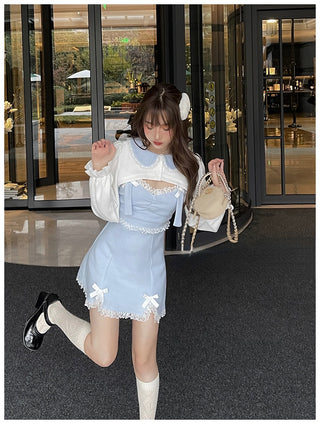 Vestit dolç de Lolita japonès d'encaix per a dona Mini vestits de festa Kawaii rosa amb llaç per a dona de princesa blava Vestit de moda coreana d'hivern 2022