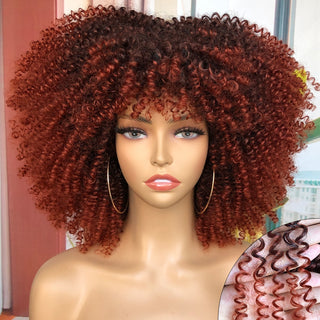 Short Afro Kinky Curly Wig With Bangs For Black Women Cosplay Lolita Natural Hair Ombre Mixed Brown Synthetic African Wigs