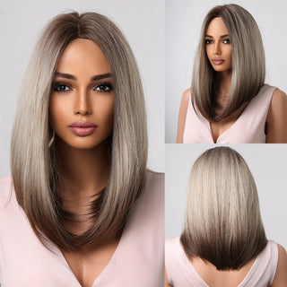 Ombre Brown Platinum Blonde Synthetic Wigs Short Straight Bob Wigs for Black Women Daily Natural Heat Resistant Hair Cosplay