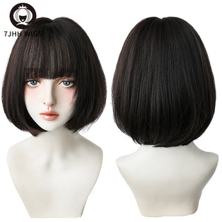 7JHH WIGS Short Bob Straight Ombre Blonde Wigs With Bang For Girl Black Female Synthetic Shoulder Length Crochet Hair Ginger Wig