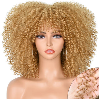 Short Afro Kinky Curly Wig With Bangs For Black Women Cosplay Lolita Natural Hair Ombre Mixed Brown Synthetic African Wigs