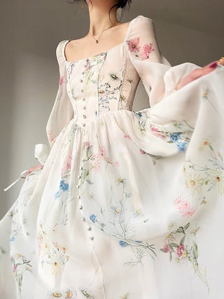 Vestit midi floral elegant francès Vestit de gasa de màniga llarga per a festa de nit Vestit d'una sola peça de fada de platja per a dona coreà estiu 2023