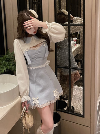 Vestit dolç de Lolita japonès d'encaix per a dona Mini vestits de festa Kawaii rosa amb llaç per a dona de princesa blava Vestit de moda coreana d'hivern 2022