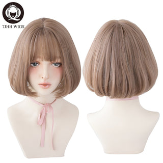 7JHH WIGS Short Bob Straight Ombre Blonde Wigs With Bang For Girl Black Female Synthetic Shoulder Length Crochet Hair Ginger Wig