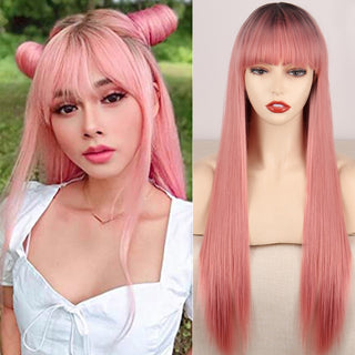 Lolita synthetic Wig Pink Wig Blonde wig Long Streight hair With Bangs Natural wigs For women hair Cosplay Wig