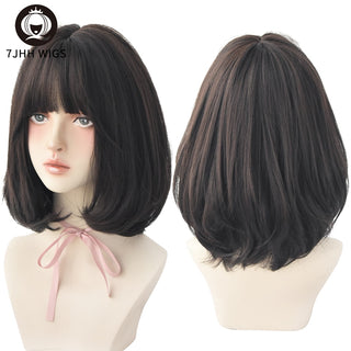 7JHH WIGS Short Bob Straight Ombre Blonde Wigs With Bang For Girl Black Female Synthetic Shoulder Length Crochet Hair Ginger Wig