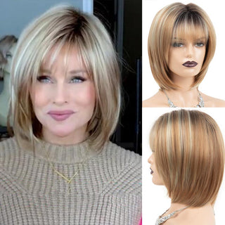 Womens Fashion Bob Wig Short Blonde Bob Wigs Black Roots Heat Resistant Synthetic Ombre Bob Hair Fancy Dress Party Wig for Women