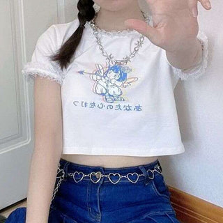 Samarreta crop Top Kawaii per a dones adolescents Samarreta d'estil coreà Samarreta curta Roba Fairy Core Roba bonica Fairycore Croptop