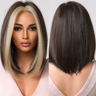 Ombre Brown Platinum Blonde Synthetic Wigs Short Straight Bob Wigs for Black Women Daily Natural Heat Resistant Hair Cosplay