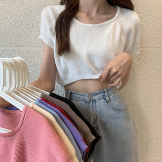 New korean version short sleeve knitted sweater thin shirt white croptop