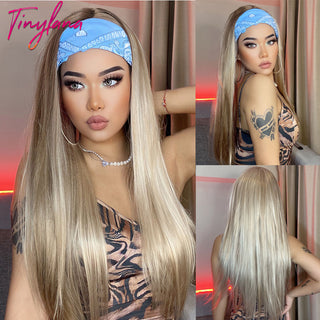 Chocolate Brown Mixed Golden Blonde Long Straight Synthetic Women&#39;s Headband Wigs Bohemian Hair For Black Women Fake Hair