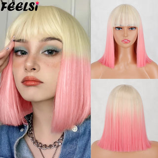 Short Bob Synthetic Wigs With Bangs for Women Wigs Blonde Black Blue fiber Natural Hair for Lolita Cosplay Party Daily Use