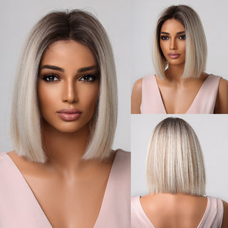 Ombre Brown Platinum Blonde Synthetic Wigs Short Straight Bob Wigs for Black Women Daily Natural Heat Resistant Hair Cosplay