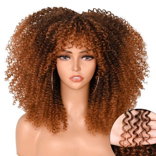 Perruca de cabell curt afro arrissat de 16 polzades amb serrell per a dones negres Cosplay Lolita sintètic natural sense cola perruques rosses mixtes marrons