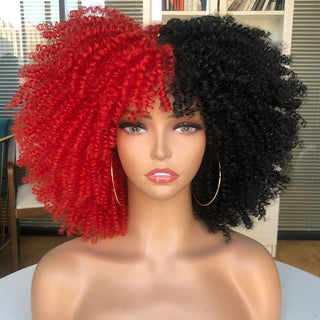 Short Afro Kinky Curly Wig With Bangs For Black Women Cosplay Lolita Natural Hair Ombre Mixed Brown Synthetic African Wigs