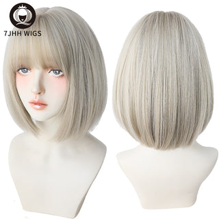 7JHH WIGS Short Bob Straight Ombre Blonde Wigs With Bang For Girl Black Female Synthetic Shoulder Length Crochet Hair Ginger Wig