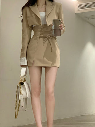 2 Piece Dress Set Women Casual Y2k Crop Tops Elegant Jacket Coats + Mini Skirts Korean Fahion