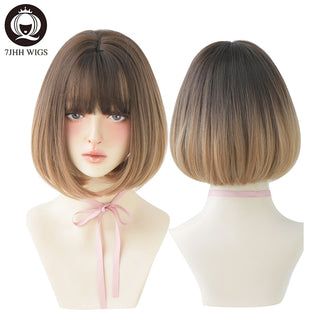 7JHH WIGS Short Bob Straight Ombre Blonde Wigs With Bang For Girl Black Female Synthetic Shoulder Length Crochet Hair Ginger Wig